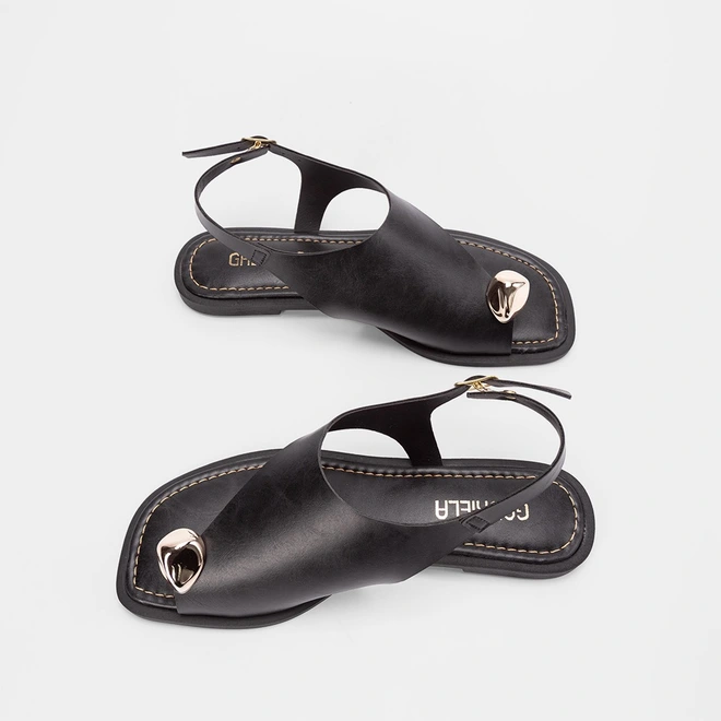 Sandália Rasteira Gabriela Enfeite Bold Preto