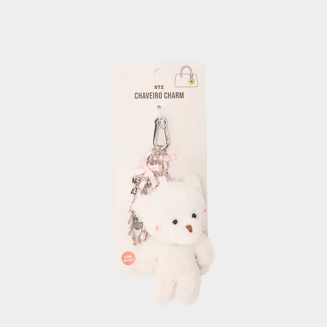 Chaveiro Charm SZT - Ursinho Pelúcia Branco com Laço Rosa e Corrente