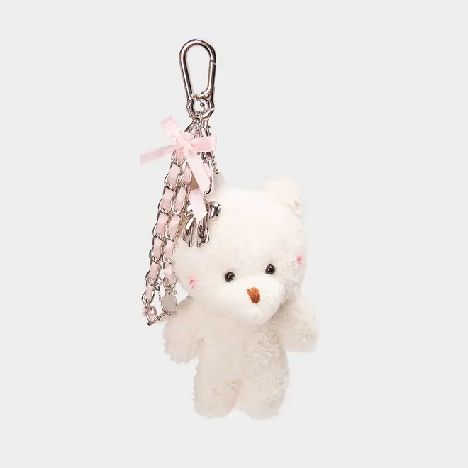Chaveiro Charm SZT - Ursinho Pelúcia Branco com Laço Rosa e Corrente