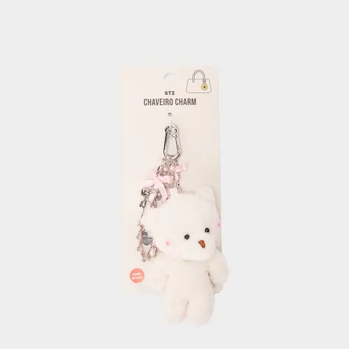 Chaveiro Charm SZT - Ursinho Pelúcia Branco com Laço Rosa e Corrente