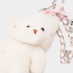 Chaveiro Charm SZT - Ursinho Pelúcia Branco com Laço Rosa e Corrente