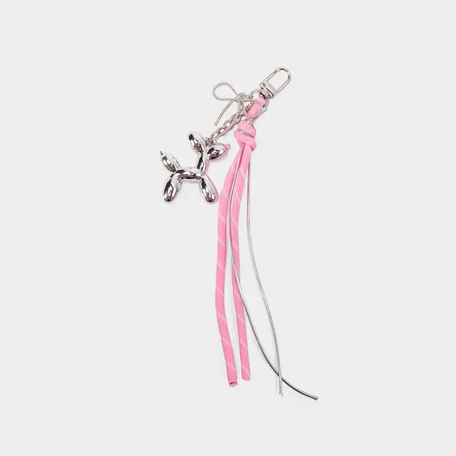 Chaveiro Charm STZ Cachorrinho Metalizado Prata com Laço Rosa