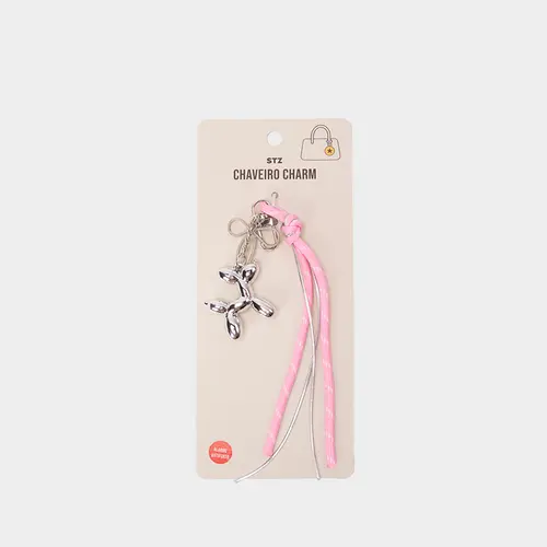 Chaveiro Charm STZ Cachorrinho Metalizado Prata com Laço Rosa