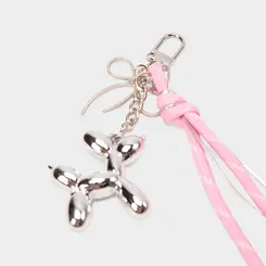 Chaveiro Charm STZ Cachorrinho Metalizado Prata com Laço Rosa