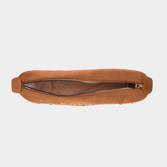 Bolsa Transversal Gabriela Média Suede Detalhe Esferas Caramelo