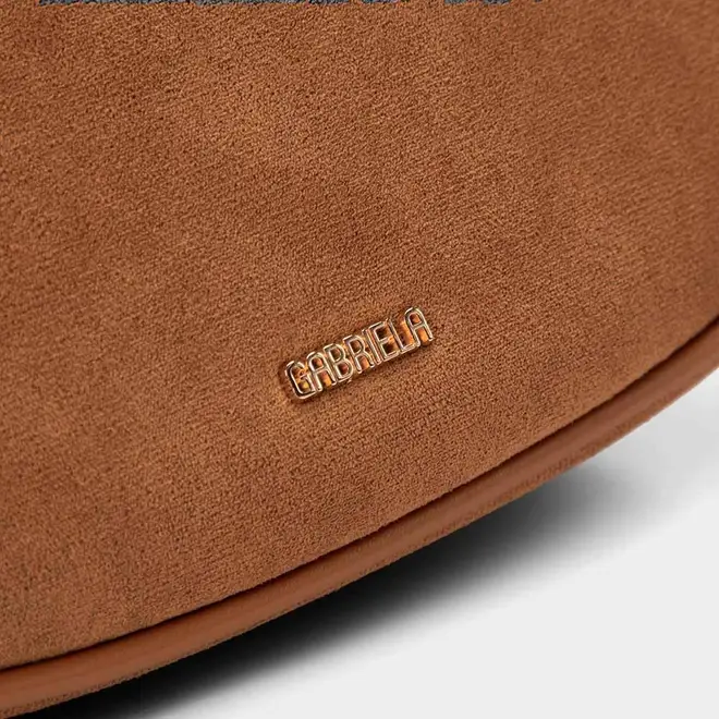 Bolsa Transversal Gabriela Média Suede Detalhe Esferas Caramelo