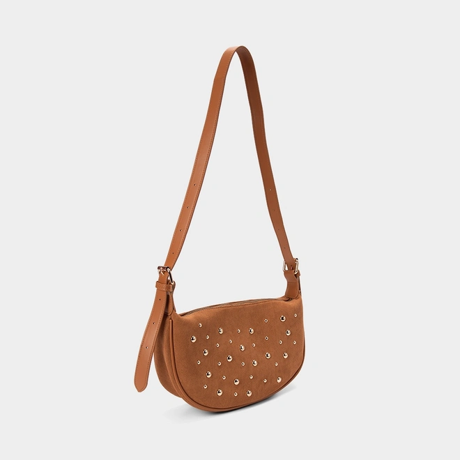 Bolsa Transversal Gabriela Média Suede Detalhe Esferas Caramelo