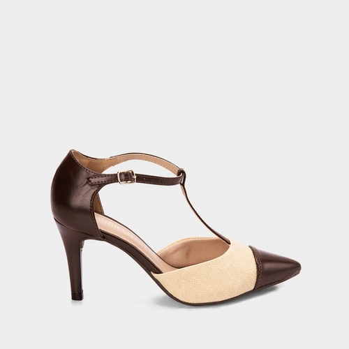 Scarpin Slingback Gabriela Salto Alto Fino Ráfia Marrom & Bege