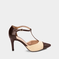 Scarpin Slingback Gabriela Salto Alto Fino Ráfia Marrom & Bege