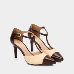 Scarpin Slingback Gabriela Salto Alto Fino Ráfia Marrom & Bege