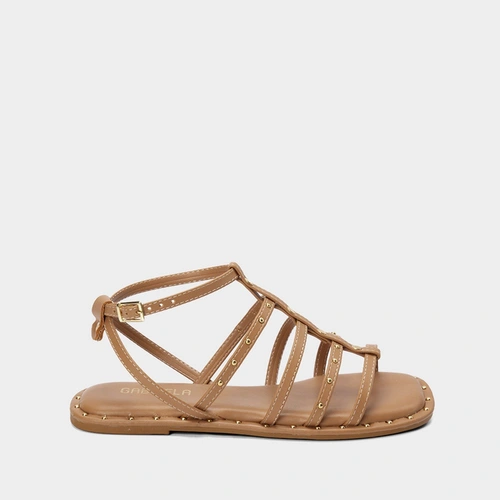 Sandália Rasteira Gabriela Multitiras Detalhe Tachas Marrom