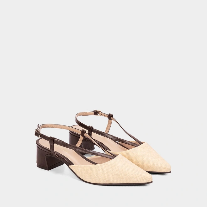 Scarpin Slingback Salto Geométrico Médio Gabriela Ráfia Bege & Marrom