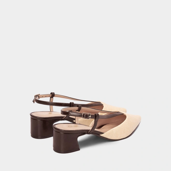 Scarpin Slingback Salto Geométrico Médio Gabriela Ráfia Bege & Marrom