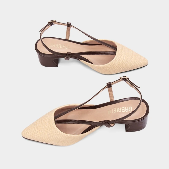 Scarpin Slingback Salto Geométrico Médio Gabriela Ráfia Bege & Marrom