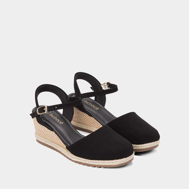 Sandália Bebecê Espadrille Salto Anabela Nobuck Preto