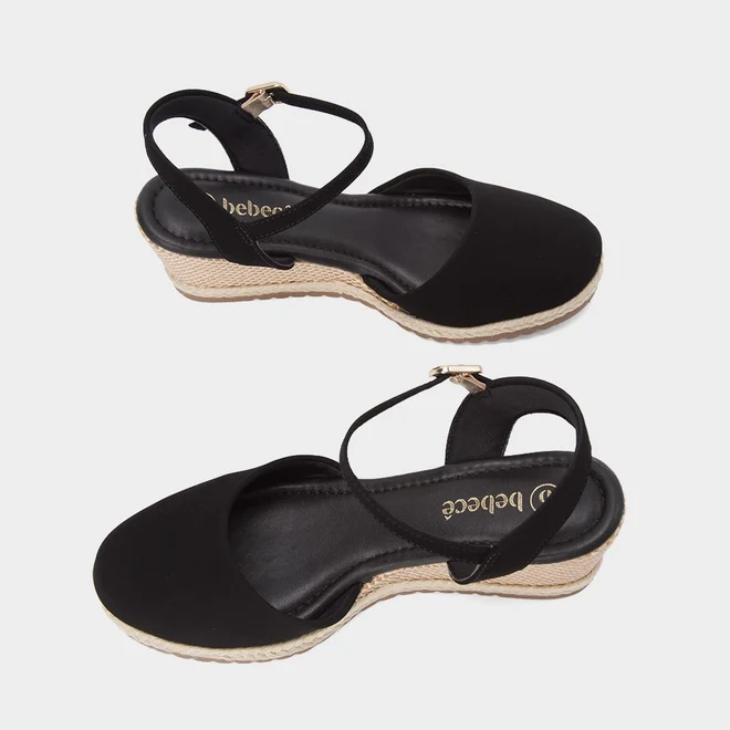 Sandália Bebecê Espadrille Salto Anabela Nobuck Preto
