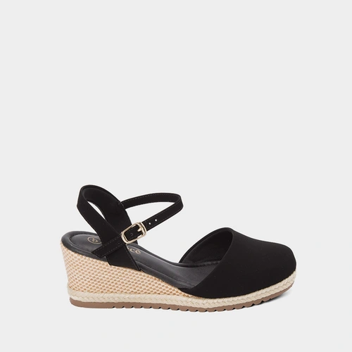Sandália Espadrille Salto Médio Anabela Nobuck Preto