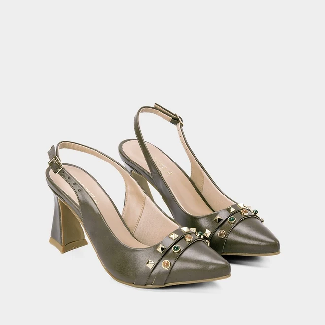 Scarpin Slingback Salto Alto Flare Pedraria Verde