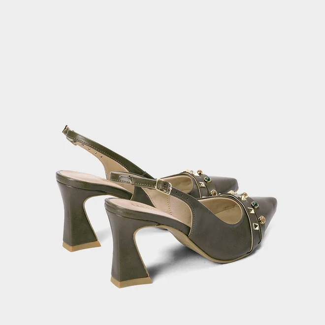 Scarpin Slingback Salto Alto Flare Pedraria Verde