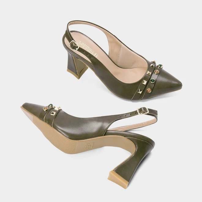 Scarpin Slingback Salto Alto Flare Pedraria Verde