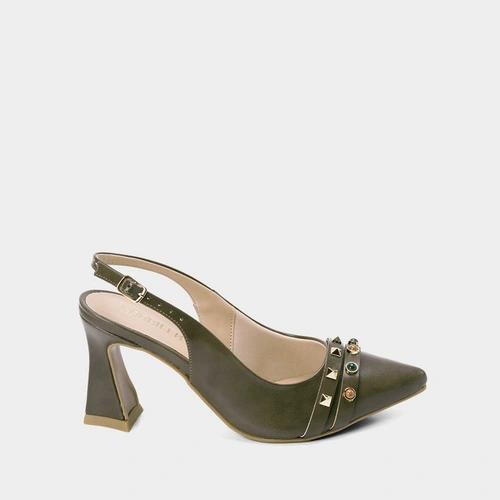 Scarpin Slingback Salto Alto Flare Pedraria Verde