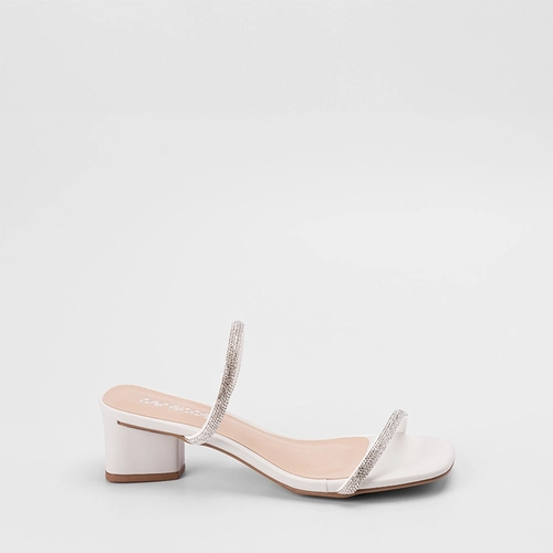 Tamanco Feminino Penélope Salto Geométrico Tiras Strass Off White