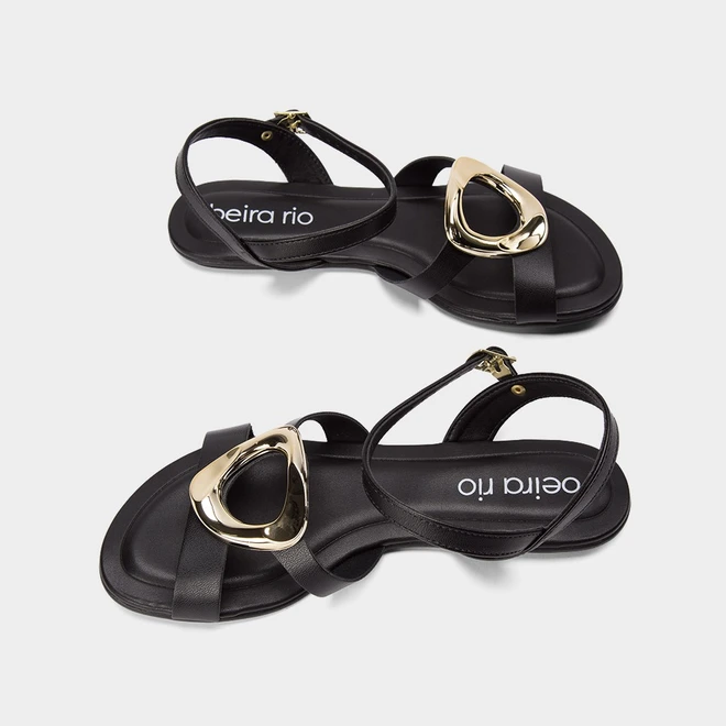 Sandália Rasteira Beira Rio Enfeite Bold Preta