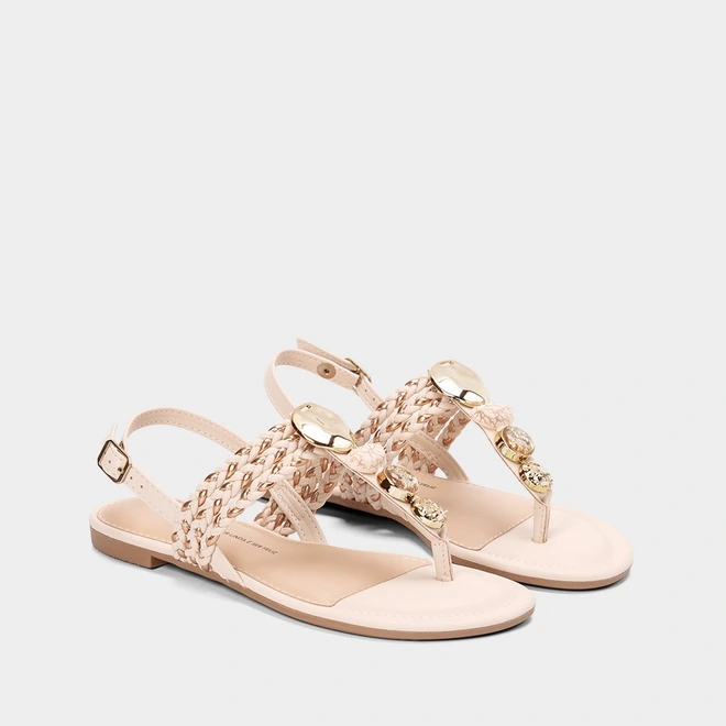 Sandália Rasteira Dakota Pedrarias Tressê Metalizado Off White