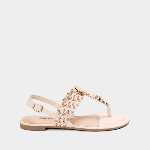 Sandália Rasteira Dakota Pedrarias Tressê Metalizado Off White
