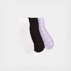 Kit Meia Infantil STZ Relevo 3 Pares Lilás, Preta, Off White 22-25