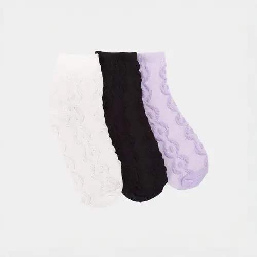 Kit Meia Infantil STZ Relevo 3 Pares Lilás, Preta, Off White 26-29
