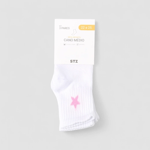 Kit Meia Infantil STZ Cano Médio 3 Pares Estrela Branca 22-25