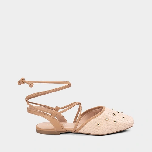 Sapatilha Feminina Gabriela Tiras Amarração Tachas Ráfia Bege