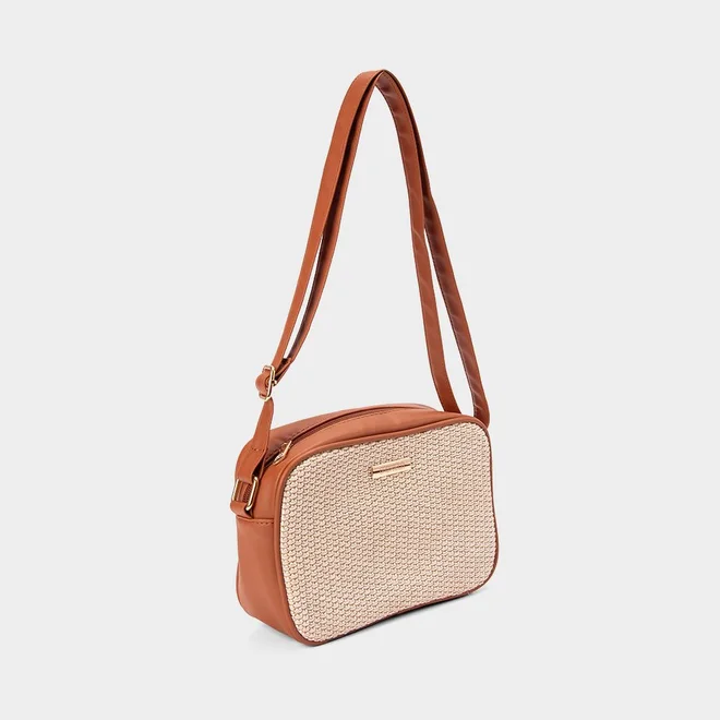 Bolsa Camera Bag Gabriela Pequena Transversal Ráfia Caramelo