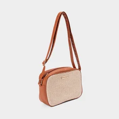 Bolsa Camera Bag Gabriela Pequena Transversal Ráfia Caramelo