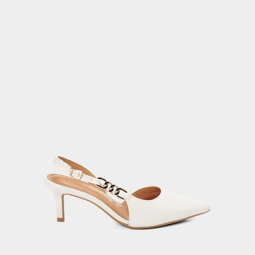 Scarpin Slingback Salto Fino Médio Vizzano Detalhe Corrente Croco Off White