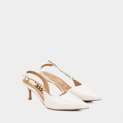Scarpin Slingback Salto Fino Médio Vizzano Detalhe Corrente Croco Off White