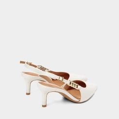Scarpin Slingback Salto Fino Médio Vizzano Detalhe Corrente Croco Off White