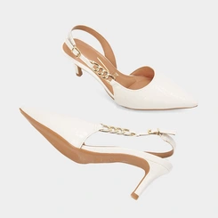 Scarpin Slingback Salto Fino Médio Vizzano Detalhe Corrente Croco Off White