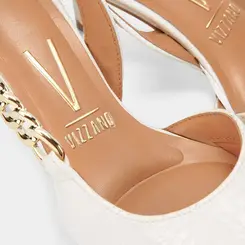 Scarpin Slingback Salto Fino Médio Vizzano Detalhe Corrente Croco Off White