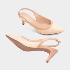 Scarpin Slingback Salto Médio Fino Feminino Gabriela Ráfia Nude