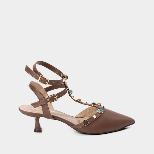 Scarpin Slingback Gabriela Salto Taça Tachas & Pedrarias Marrom