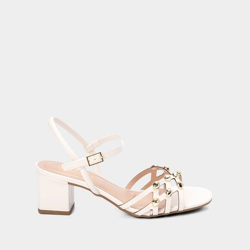 Sandália Salto Médio Bloco Gabriela Tachas Metalizadas Off White