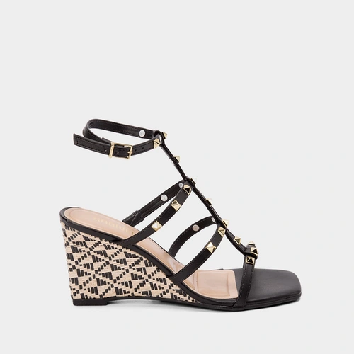 Sandália Salto Alto Anabela Gabriela Tachas & Ráfia Preto