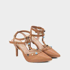 Scarpin Slingback Gabriela Salto Fino Tachas & Pedrarias Marrom