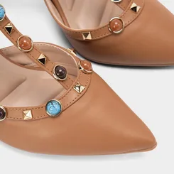 Scarpin Slingback Gabriela Salto Fino Tachas & Pedrarias Marrom