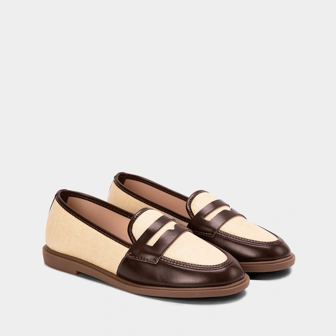 Mocassim Loafer Feminino Gabriela Ráfia Marrom & Bege
