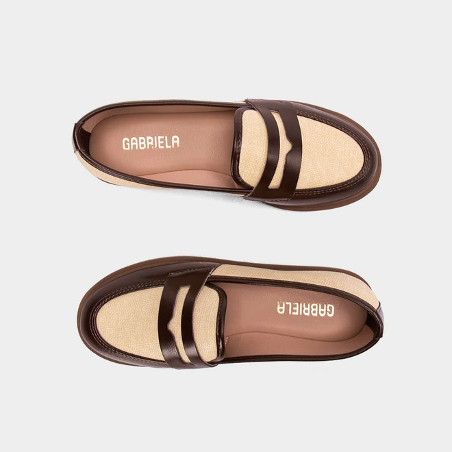 Mocassim Loafer Feminino Gabriela Ráfia Marrom & Bege