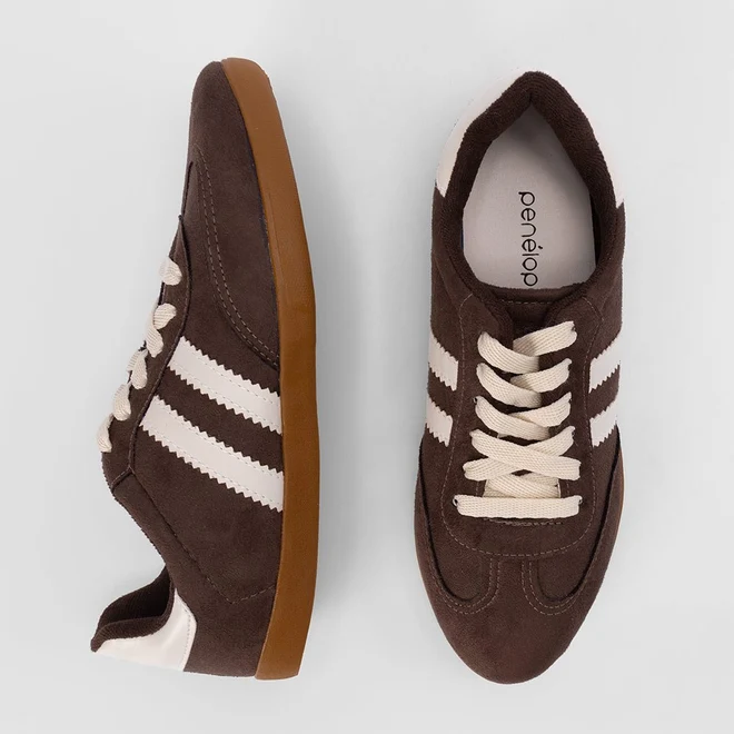 Tênis Casual Feminino Penélope Detalhe Recorte Camurça Marrom