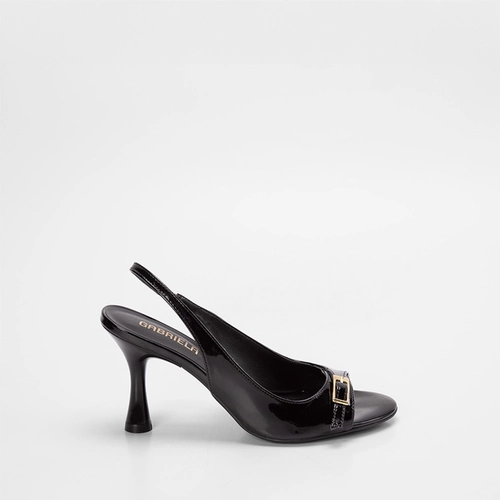 Peep Toe Gabriela Salto Alto Taça Detalhe Frontal Fívela Verniz Preto